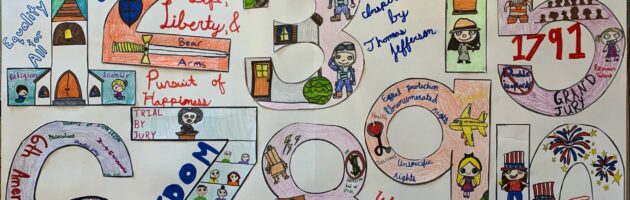 Artistic depiction of the Bill of Rights in which each number includes an image of the right protected by that amendment.