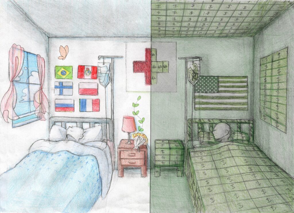 Artwork comparing healthcare in the US to healthcare in other nations.
