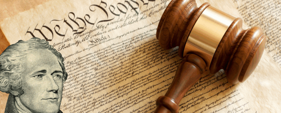 Image of the Constitution with Alexander Hamilton and a gavel in the foreground.