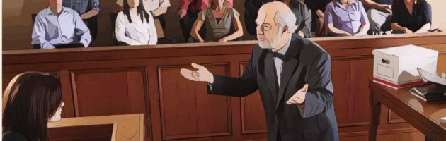 Cartoon courtroom scene with male attorney questioning a witness and twelve jurors in the background.