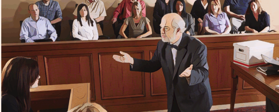 Cartoon courtroom scene with male attorney questioning a witness and twelve jurors in the background.
