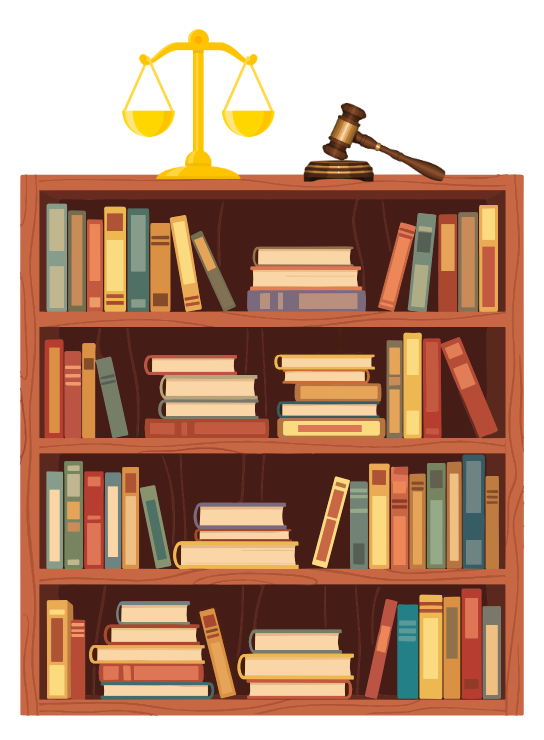 Book shelf with stacks of books. On the top shelf are the scales of justice and a judge's gavel.