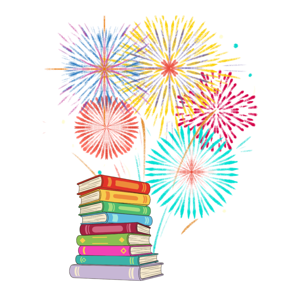 Stack of nine books with colorful colors stacked with spines facing out. In the background are multi-colored fireworks.