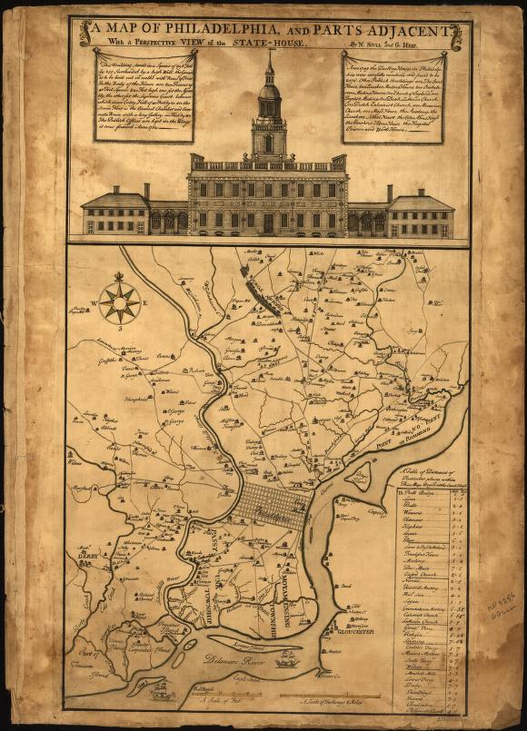Map of Philadelphia and Parts Adjacent with perspective view of the State House in 1752 